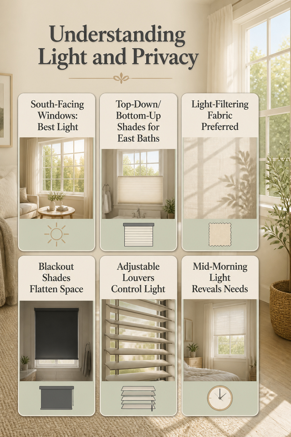12 Small Window Privacy Ideas: Blinds, Shades, Film & More 14 Diagram illustrating light exposure and privacy options for windows.