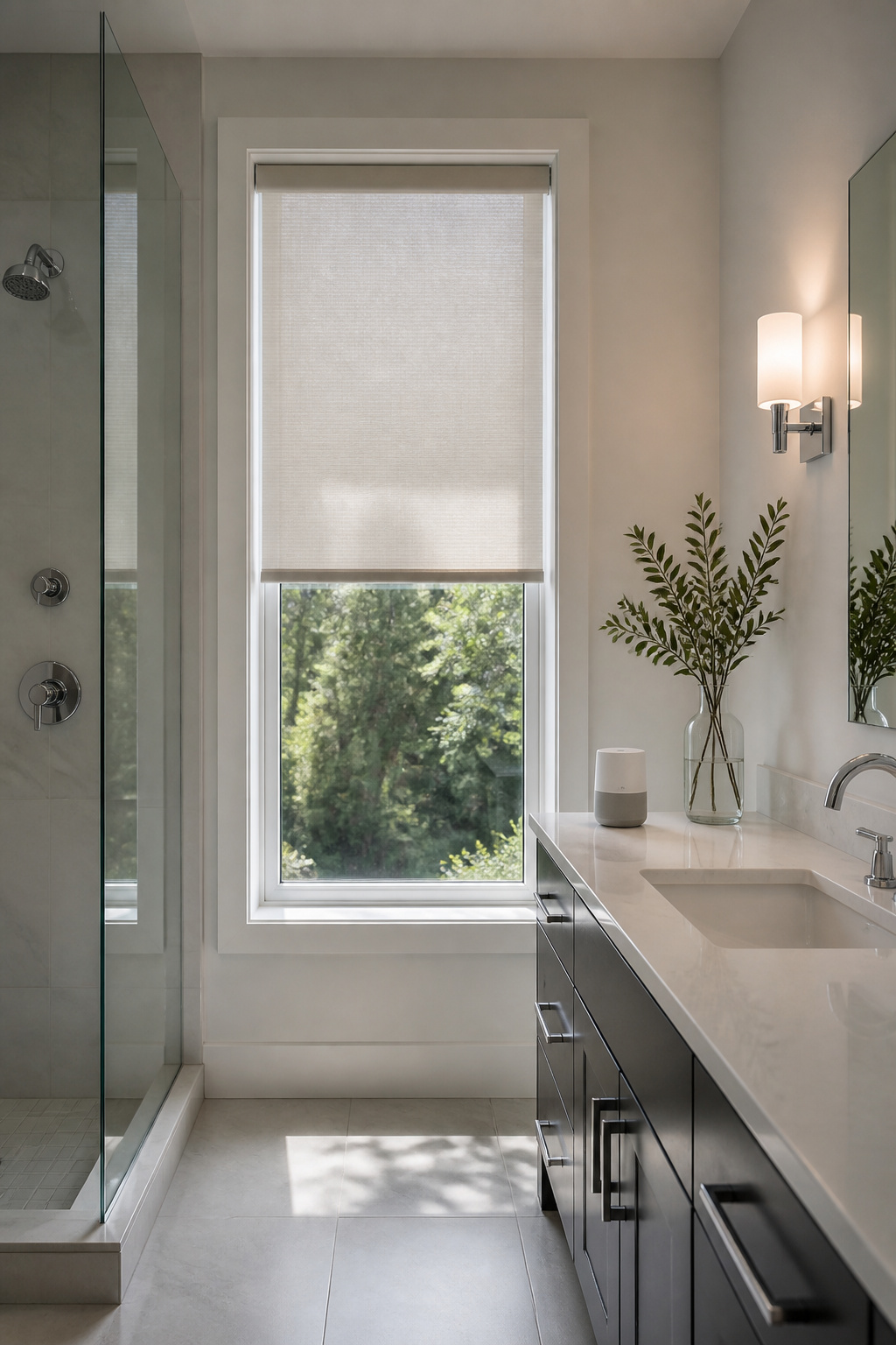 12 Small Window Privacy Ideas: Blinds, Shades, Film & More 16 Motorized shade partially covering a tall bathroom window.