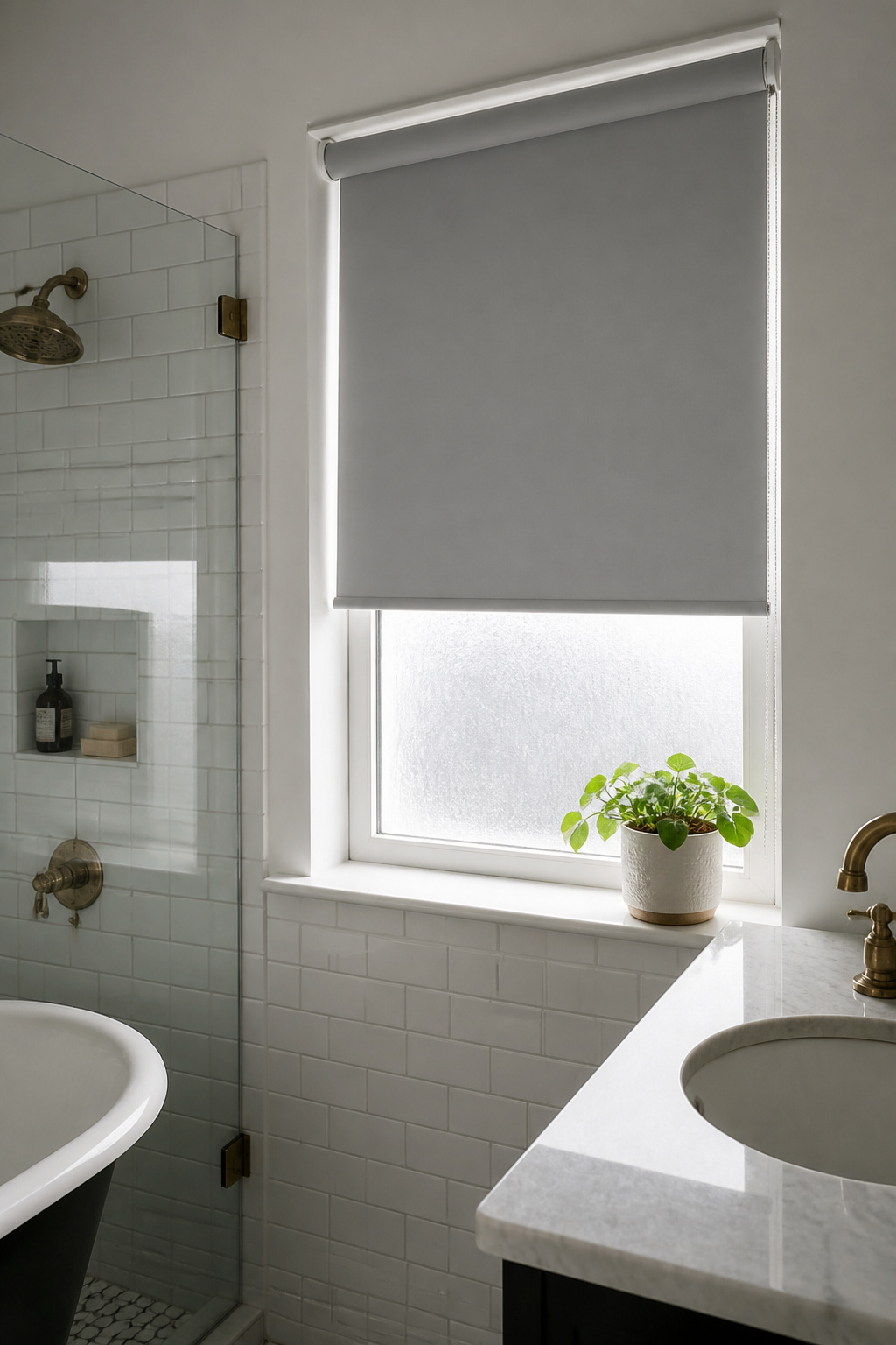 12 Small Window Privacy Ideas: Blinds, Shades, Film & More 2 Light grey PVC roller shades covering a small bathroom window.