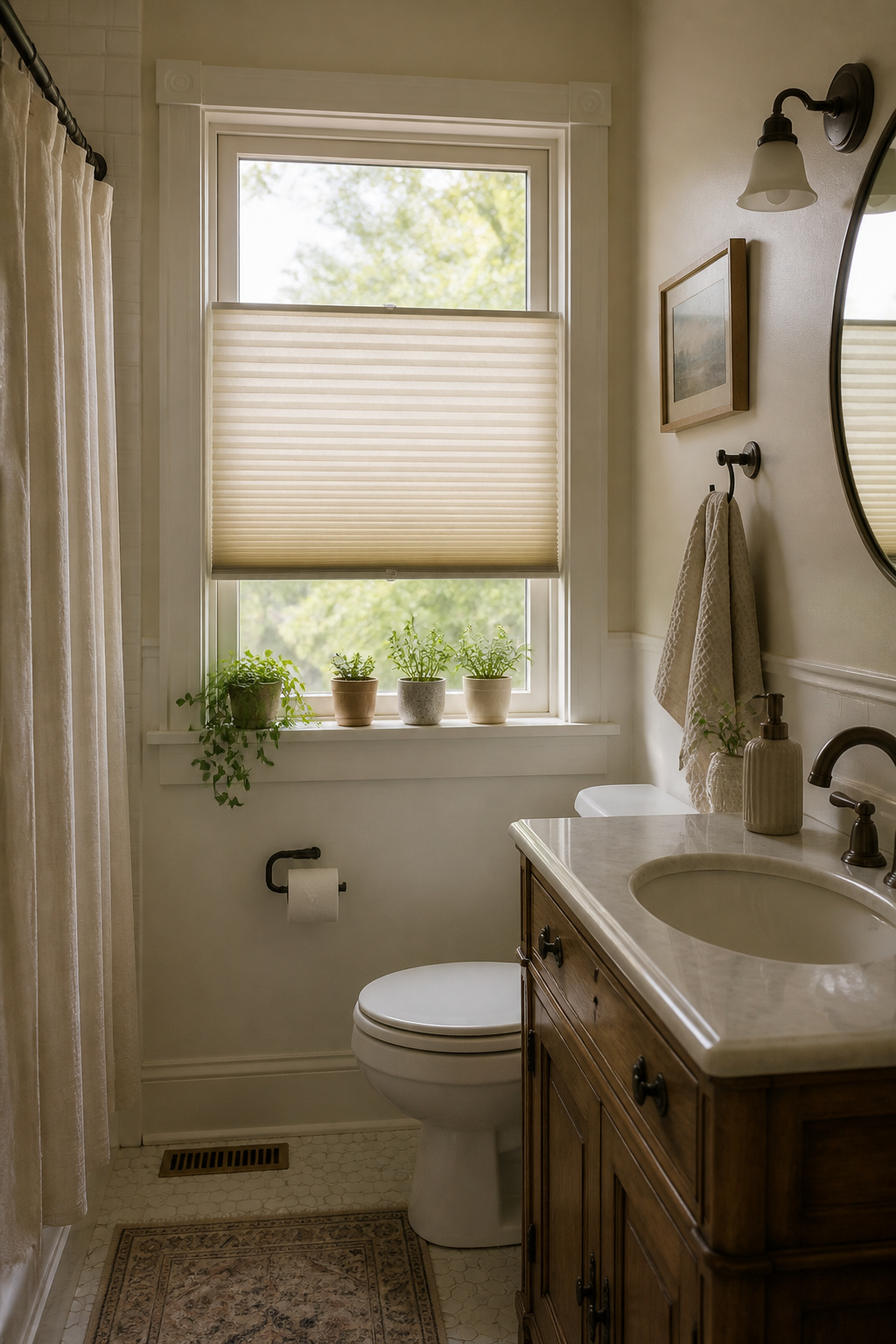 12 Small Window Privacy Ideas: Blinds, Shades, Film & More 3 Honeycomb cellular shades framing a frosted window in a bathroom.