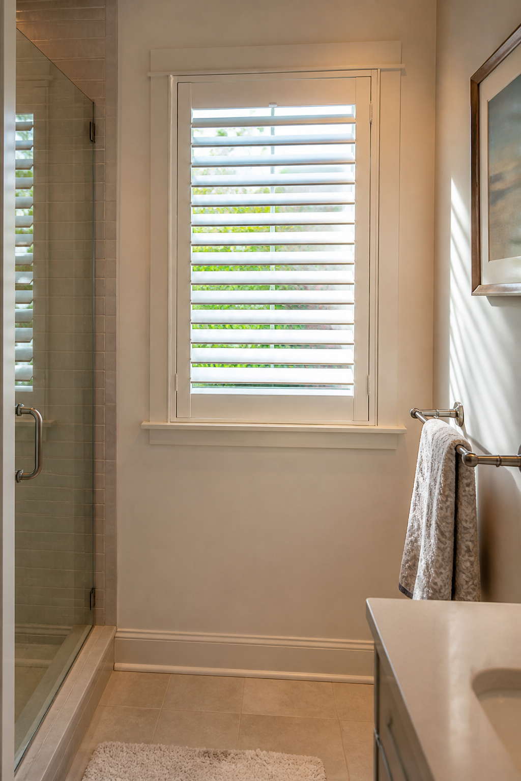 12 Small Window Privacy Ideas: Blinds, Shades, Film & More 4 White vinyl shutters installed over a small bathroom window.