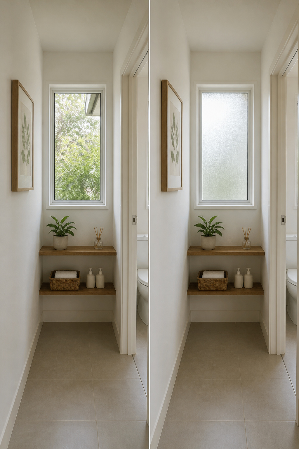 12 Small Window Privacy Ideas: Blinds, Shades, Film & More 5 Privacy window film applied to a small bathroom window.