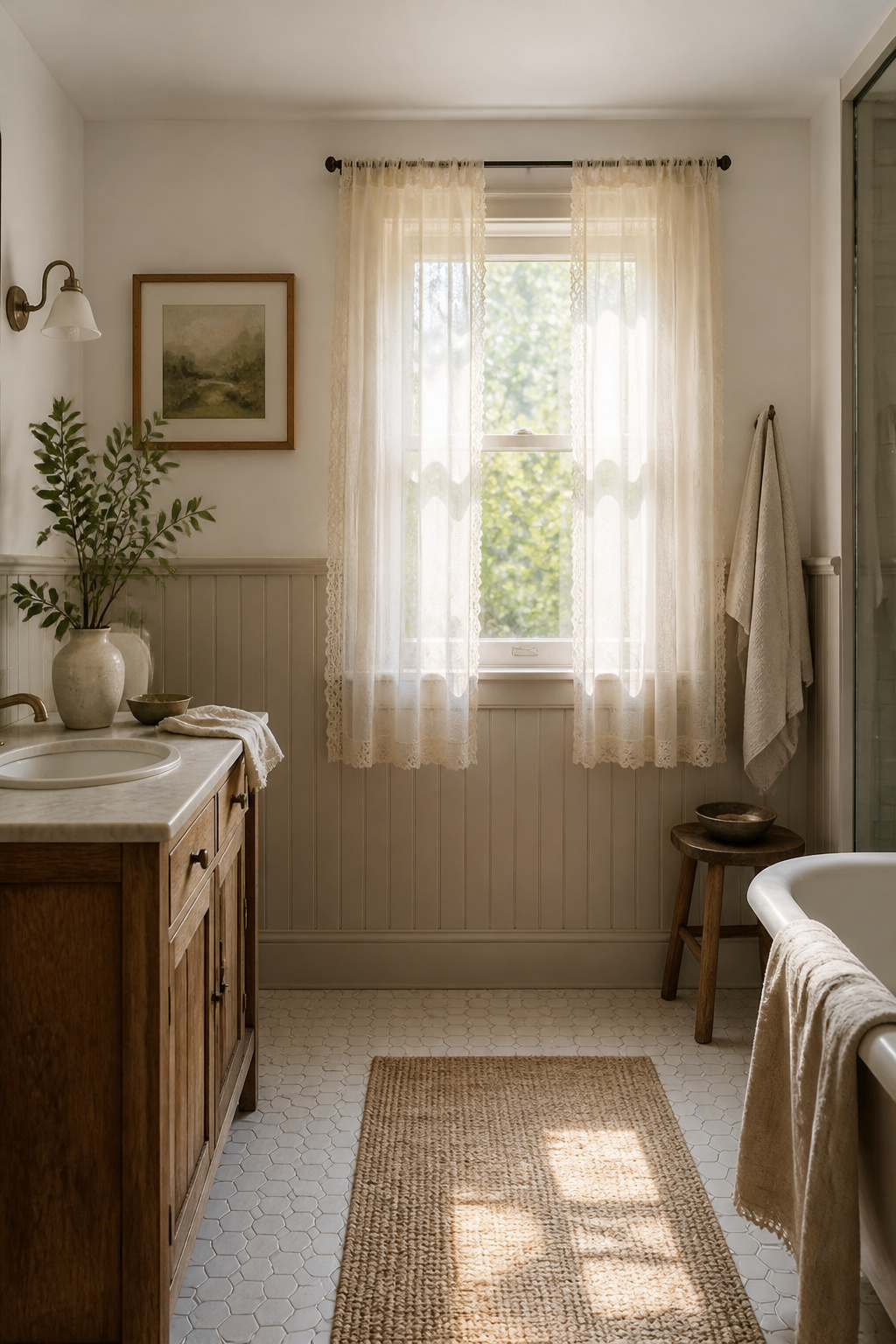 12 Small Window Privacy Ideas: Blinds, Shades, Film & More 6 Sheer curtains hanging in front of a small window.