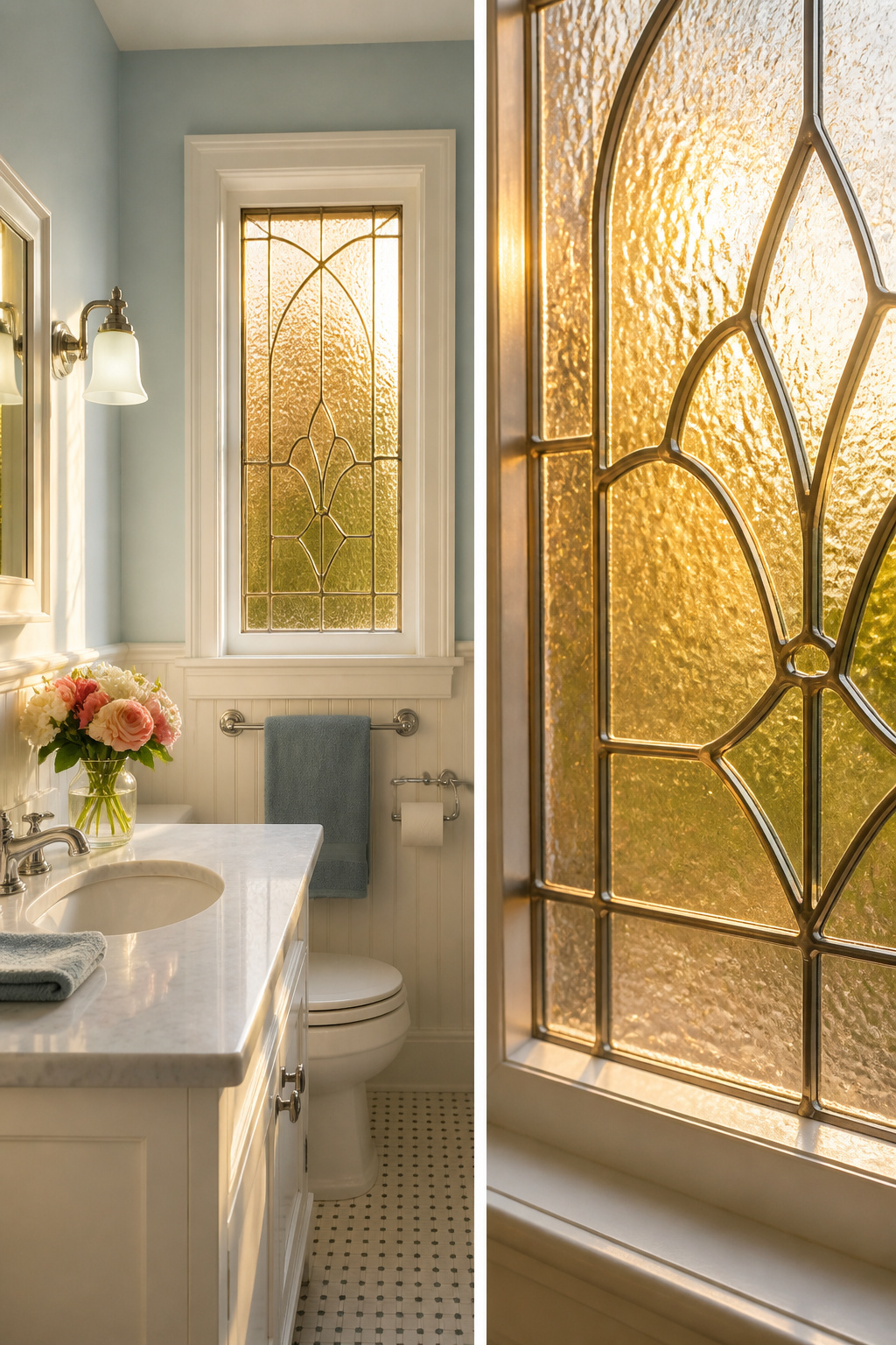 12 Small Window Privacy Ideas: Blinds, Shades, Film & More 7 Tinted decorative glass installed in a small bathroom window.