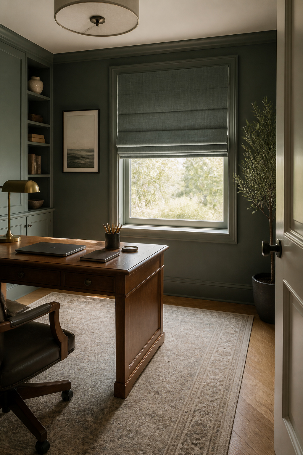 12 Small Window Privacy Ideas: Blinds, Shades, Film & More 9 Roman shades hanging at a small study window.