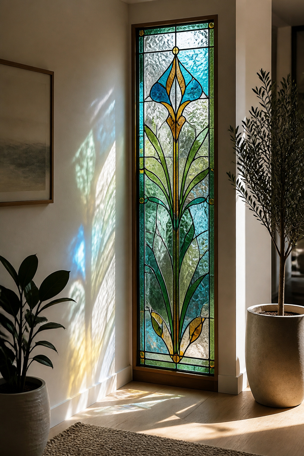 A custom stained glass window panel with blue, green, and amber accents.