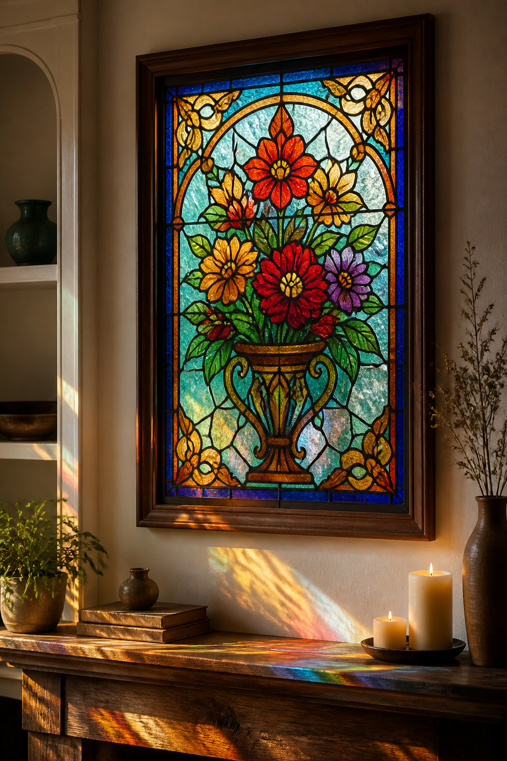 A decorative stained glass panel displayed above a sofa in a modern interior.