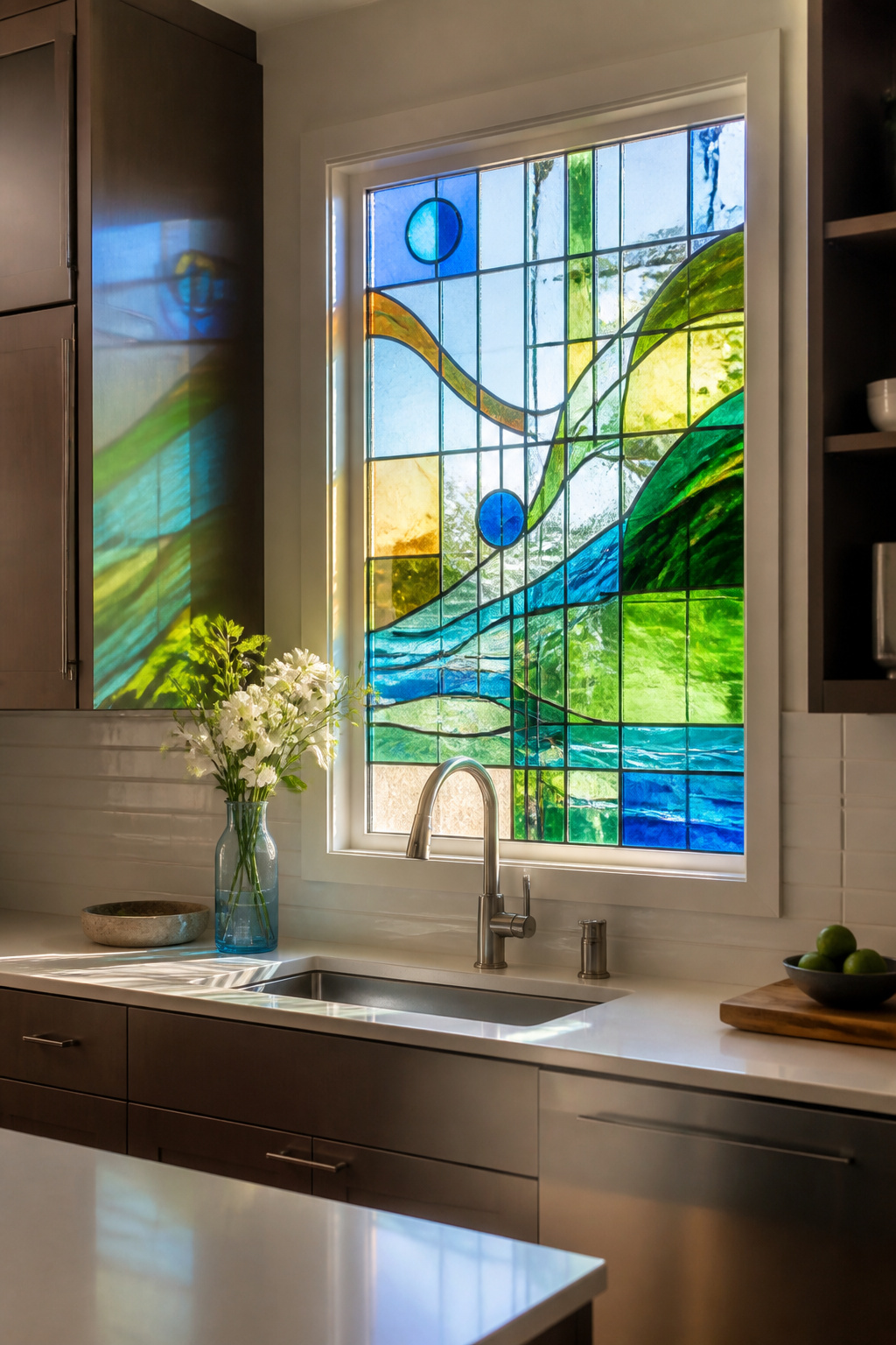 A modern art glass window with bright colors and geometric shapes.