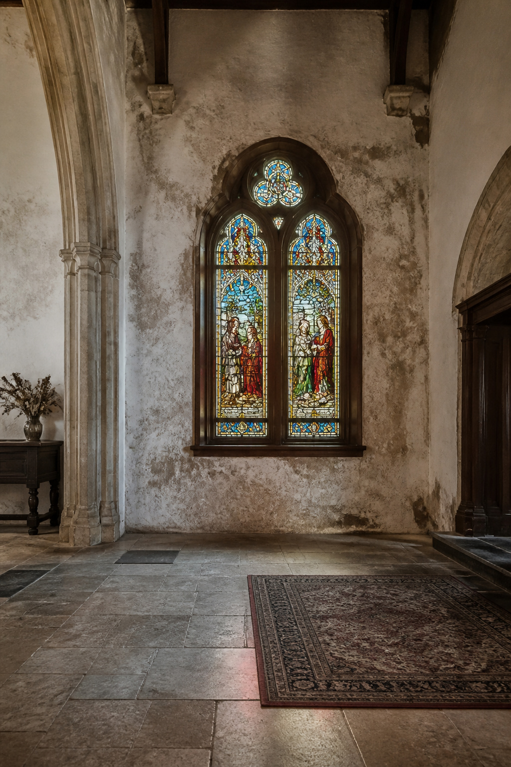An antique stained glass window showcasing historical craftsmanship.