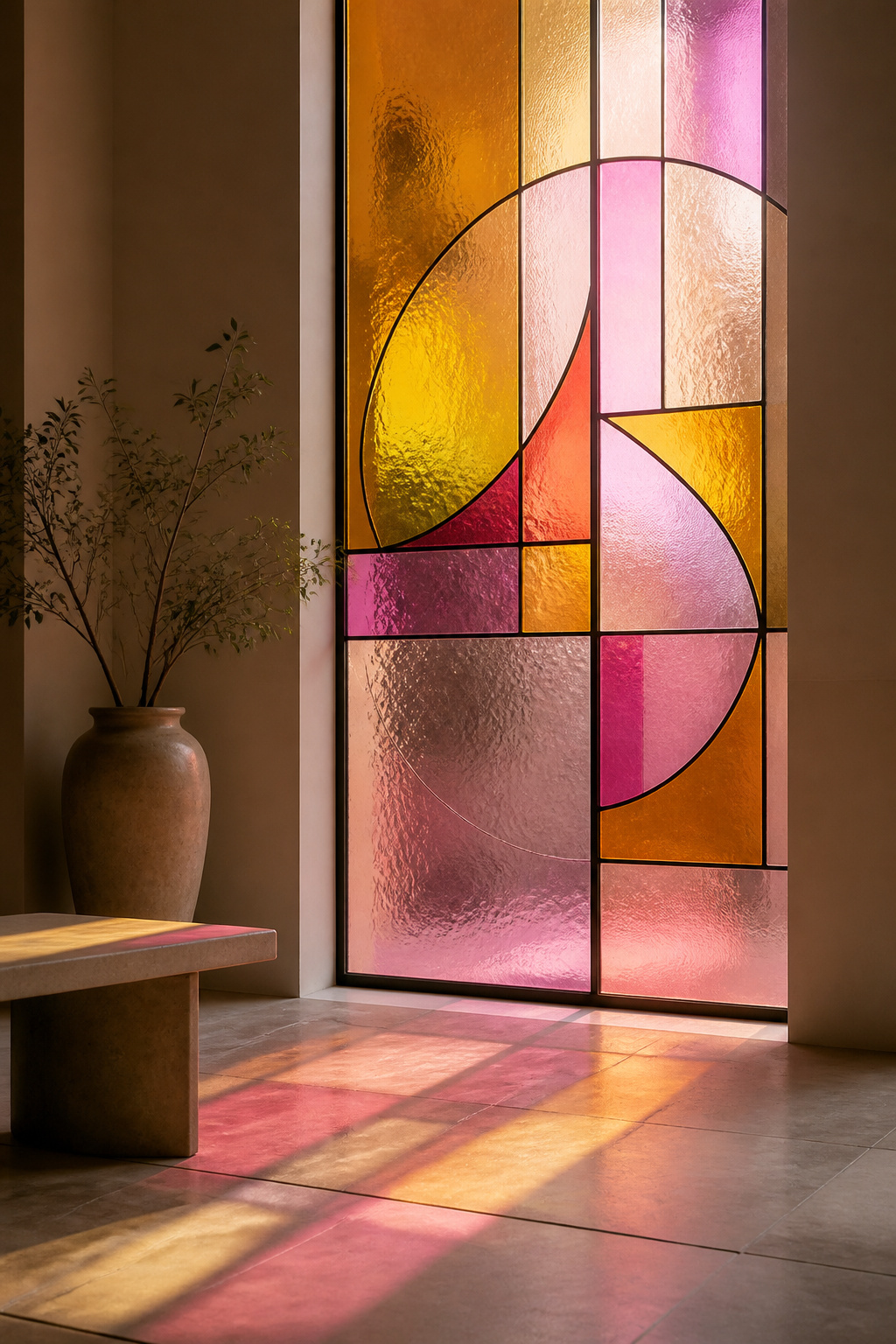 An Art Deco stained glass window with geometric shapes and bright colors.
