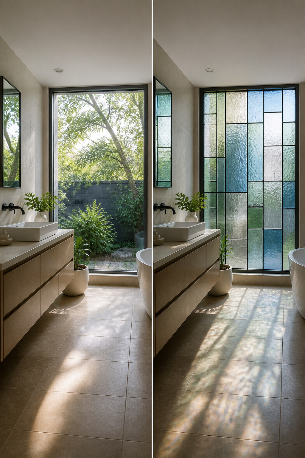 A stained glass window used for privacy in a bathroom setting.