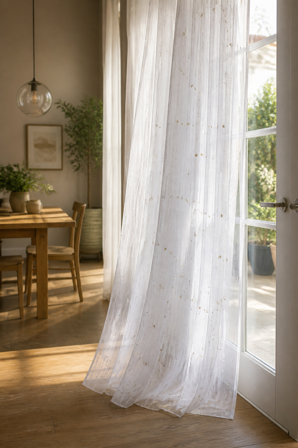 Twinkling Stars Glittering Striped White Sheer Curtain hanging from a French door.