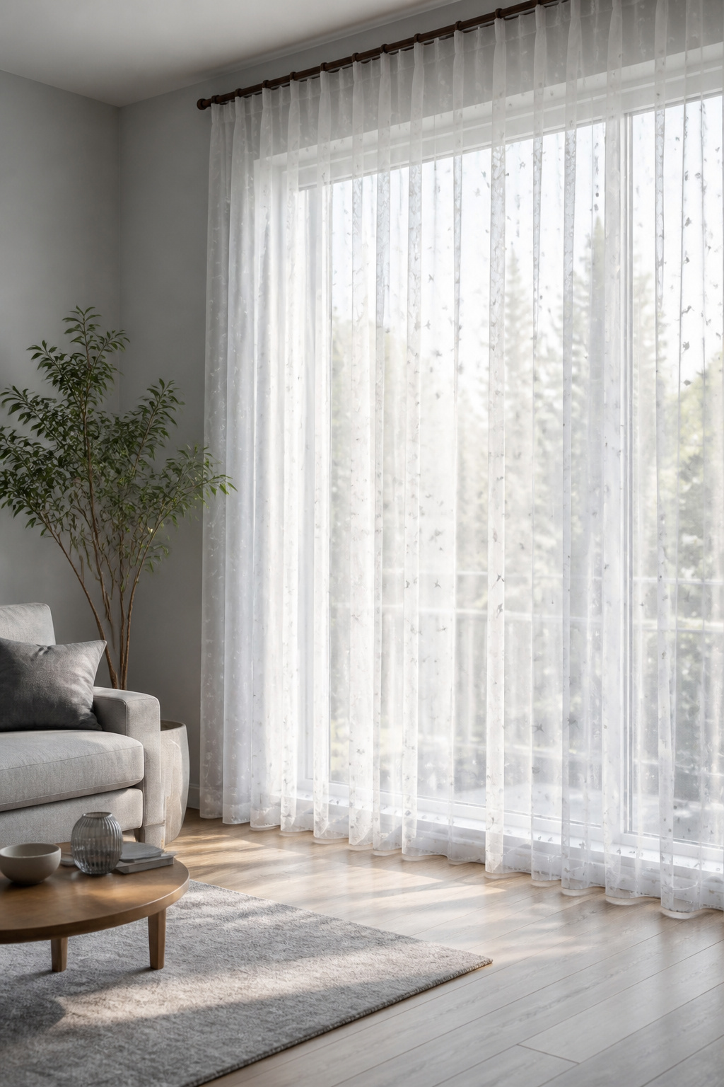 Seamless stars pattern sheer window curtain covering a large window.