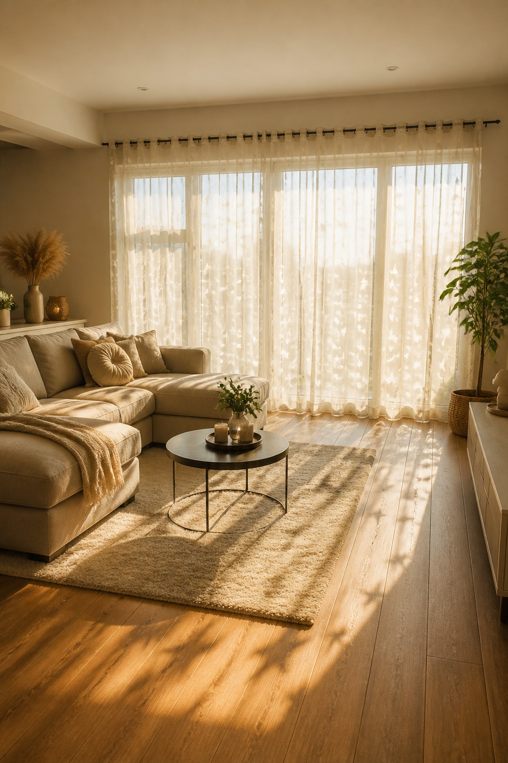Lightweight sheer curtains softly blurring the view from outside.