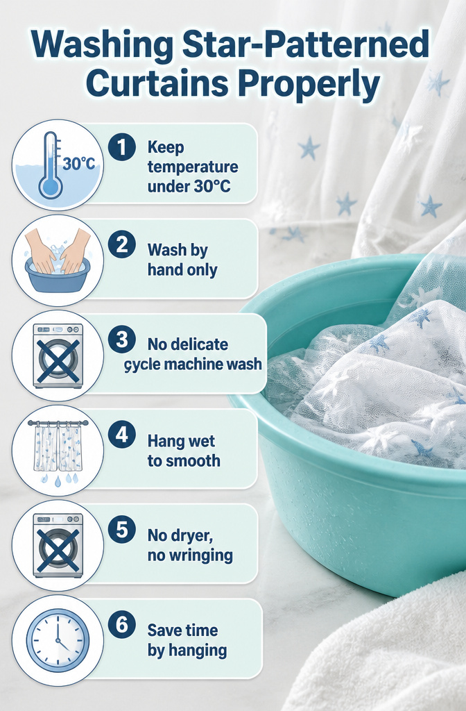 Information on washing star-patterned curtains without damaging the fabric.