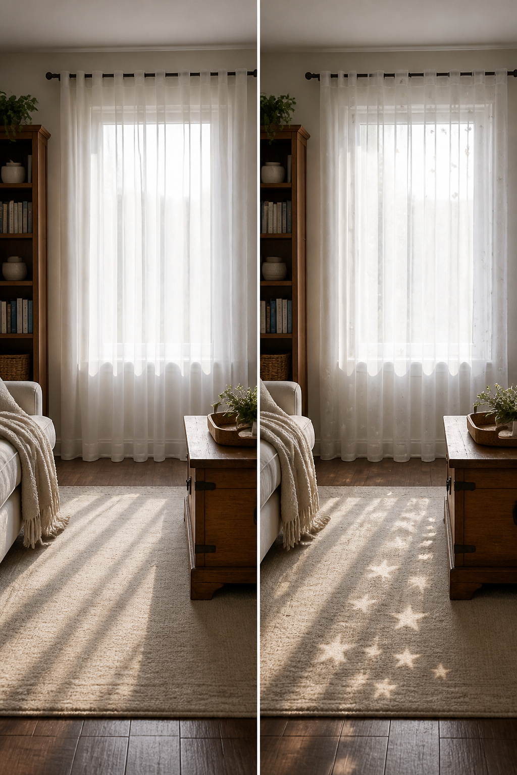 Star patterned sheer curtains in a living room and bedroom setting.