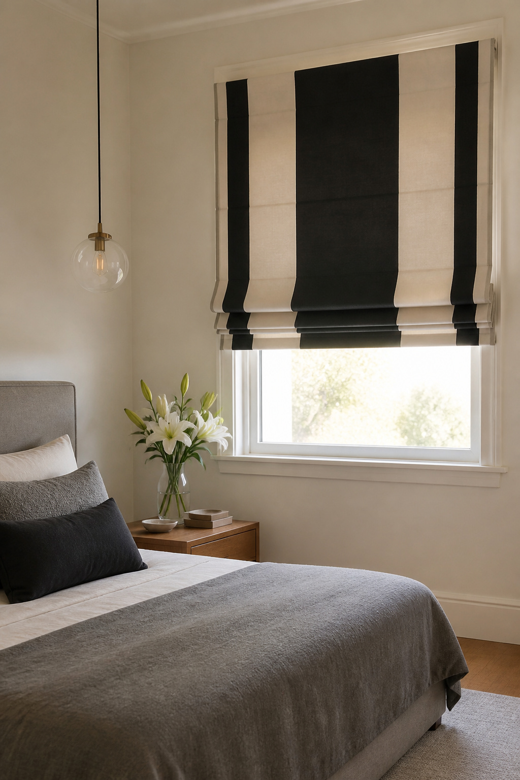 11 Striped Window Blind Styles, Ideas & Photos for 2026 1 Flat Roman shade with balanced stripes in Jet color in a bright bedroom.