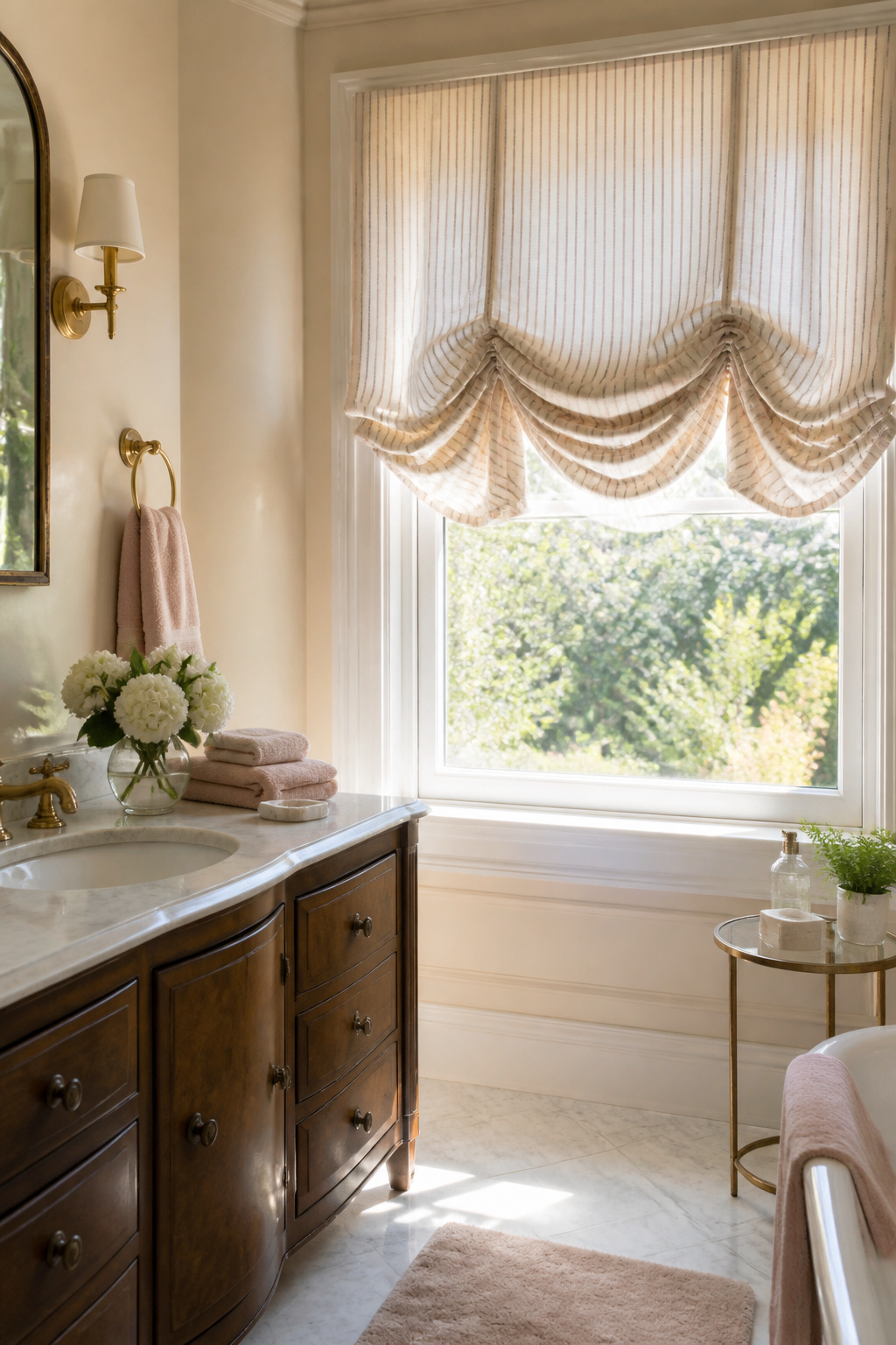 11 Striped Window Blind Styles, Ideas & Photos for 2026 11 Bathroom with balloon shades featuring horizontal stripes.