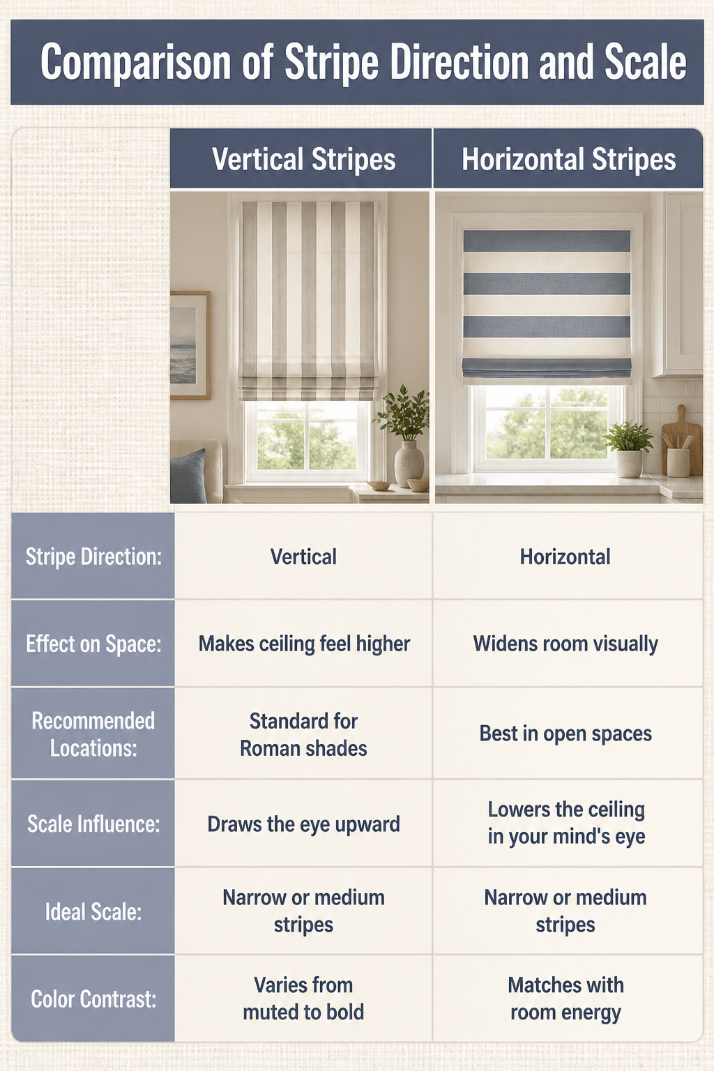 11 Striped Window Blind Styles, Ideas & Photos for 2026 13 Diagram comparing vertical and horizontal stripe effects on interior spaces.