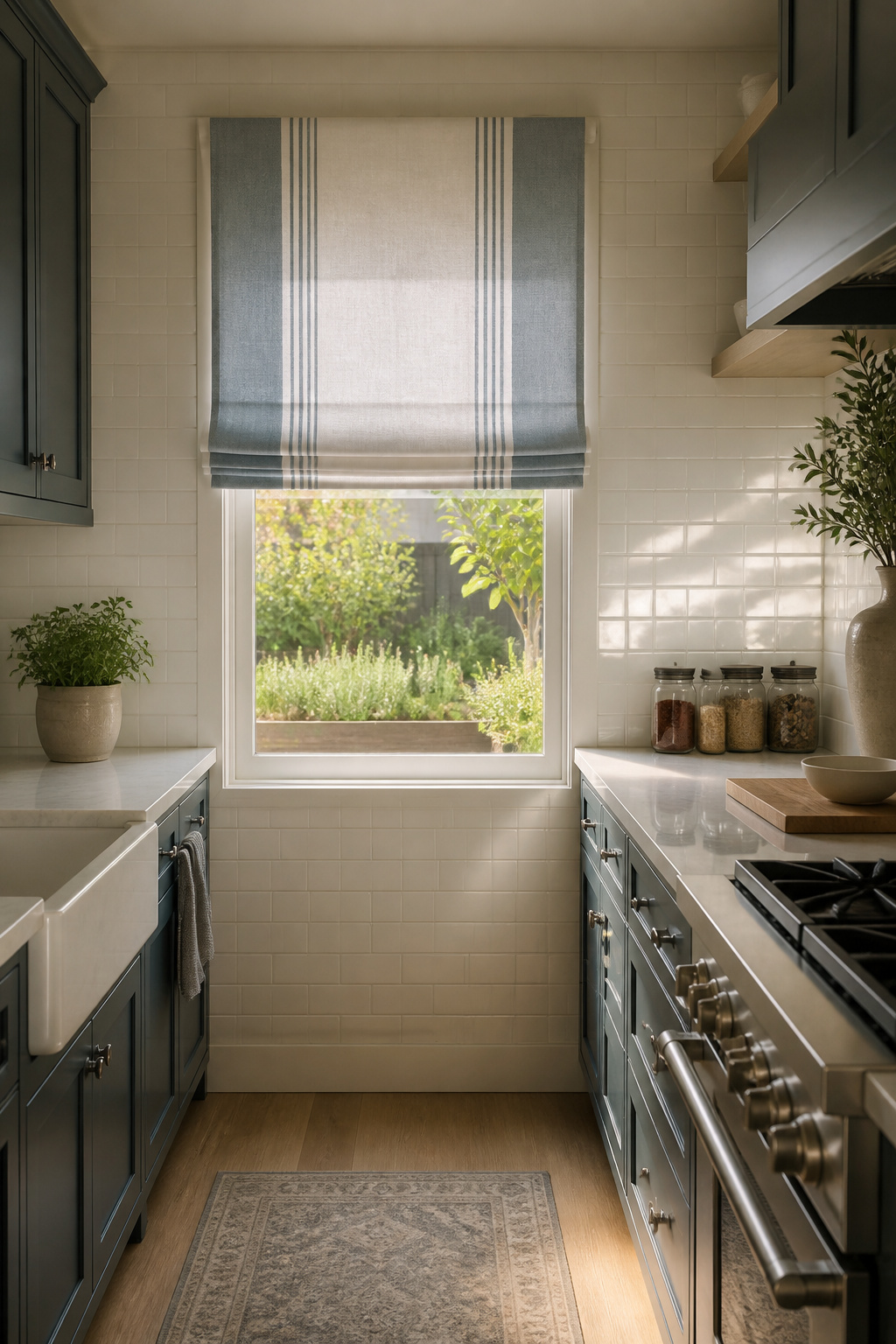11 Striped Window Blind Styles, Ideas & Photos for 2026 2 Roman shade featuring a blue-gray ticking stripe in a kitchen.