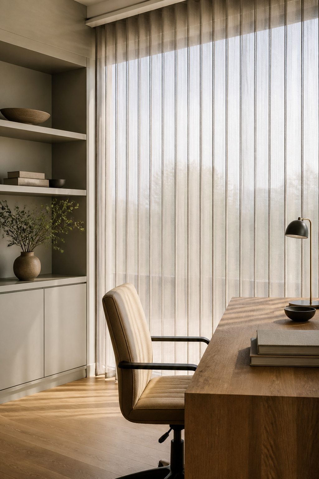 11 Striped Window Blind Styles, Ideas & Photos for 2026 3 Close-up of pinstripe window blinds in a minimalist home office.