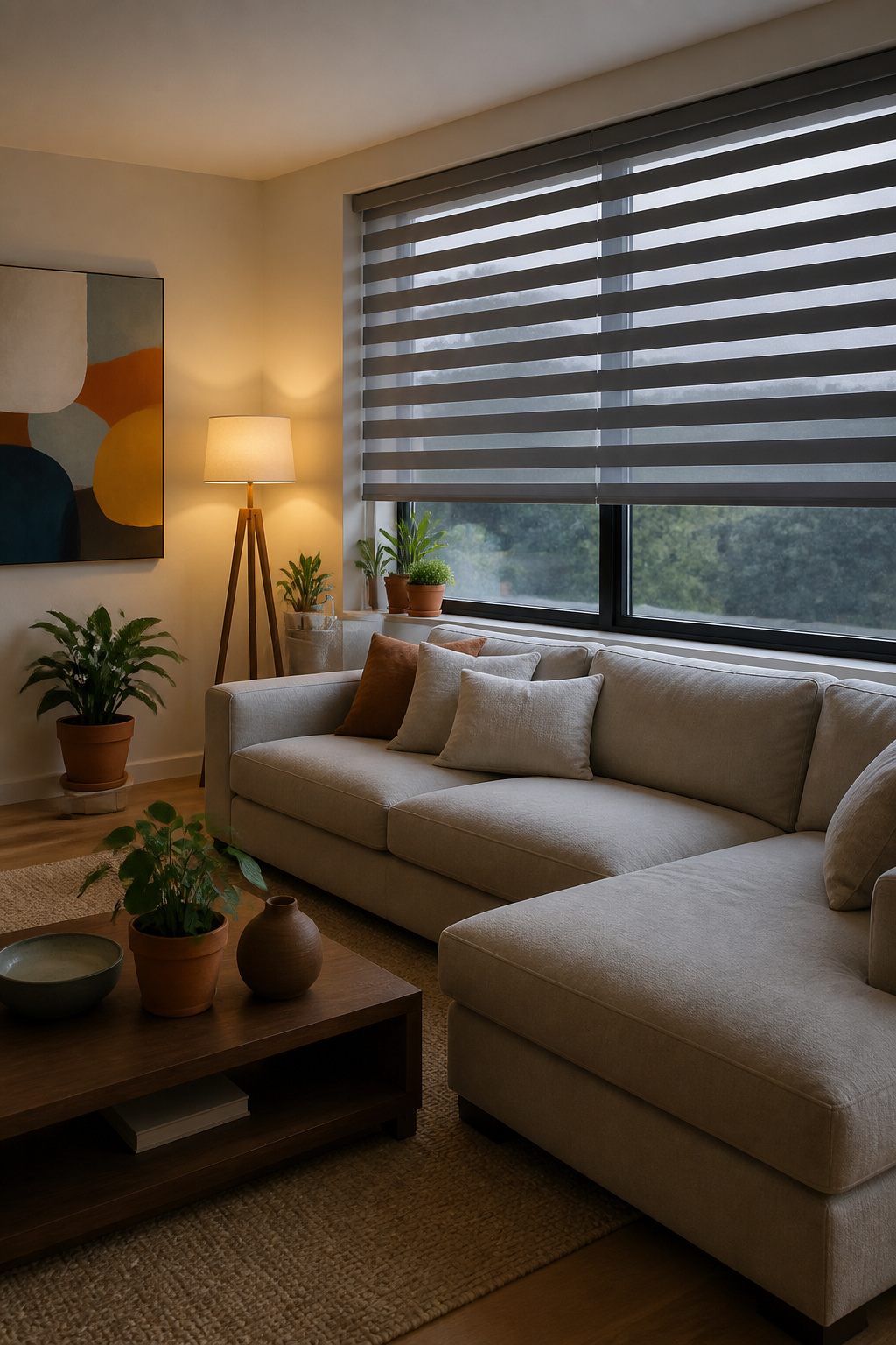 11 Striped Window Blind Styles, Ideas & Photos for 2026 4 Wide window with barre stripe blinds in a serene living room.