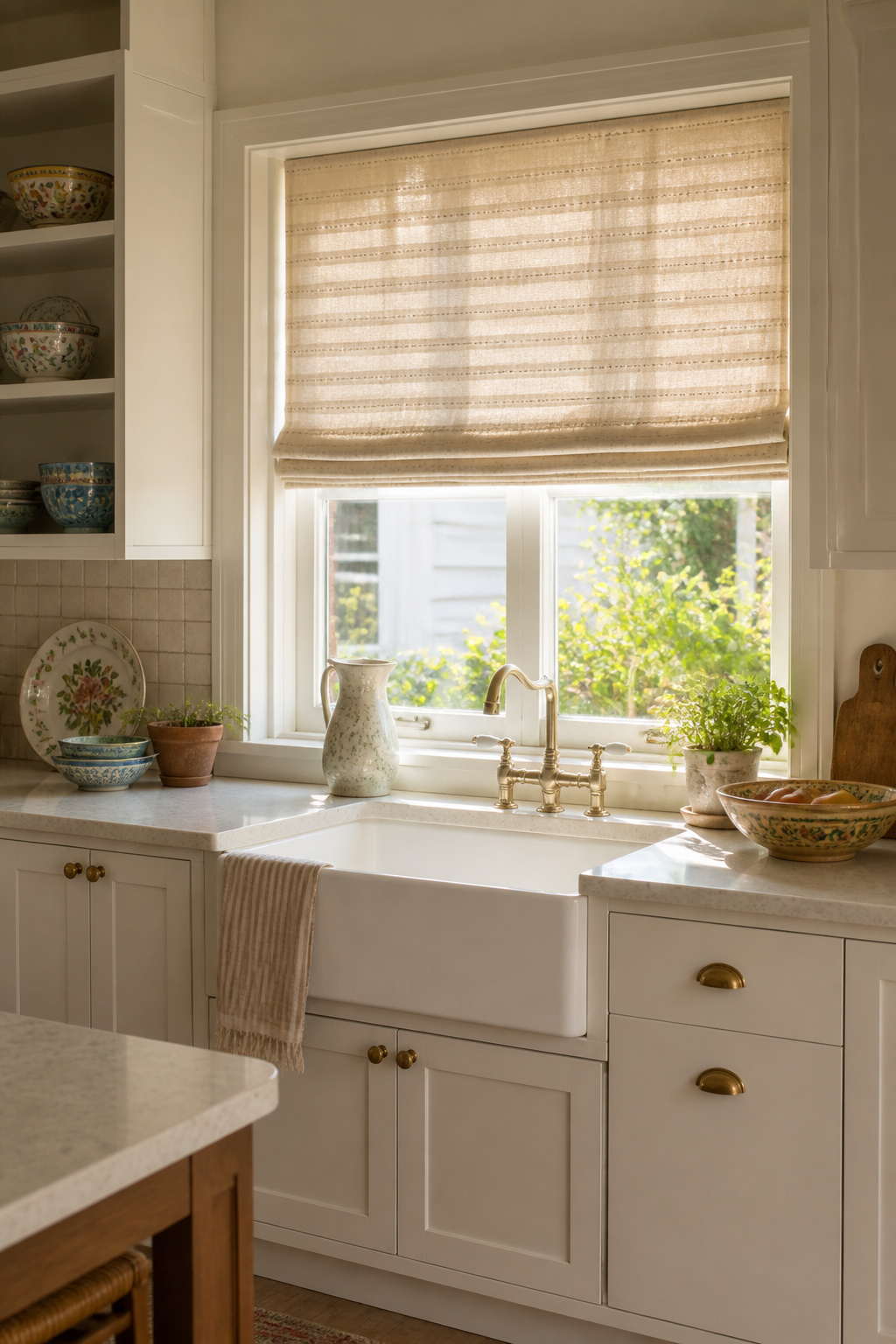 11 Striped Window Blind Styles, Ideas & Photos for 2026 5 Roman shade with chalk stripes in a sunny kitchen.