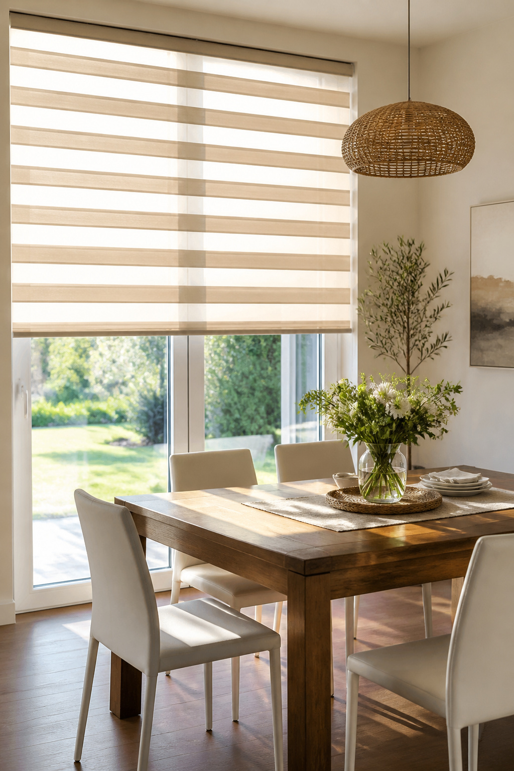 11 Striped Window Blind Styles, Ideas & Photos for 2026 6 Dining area with shadow stripe blinds in warm sand tones.