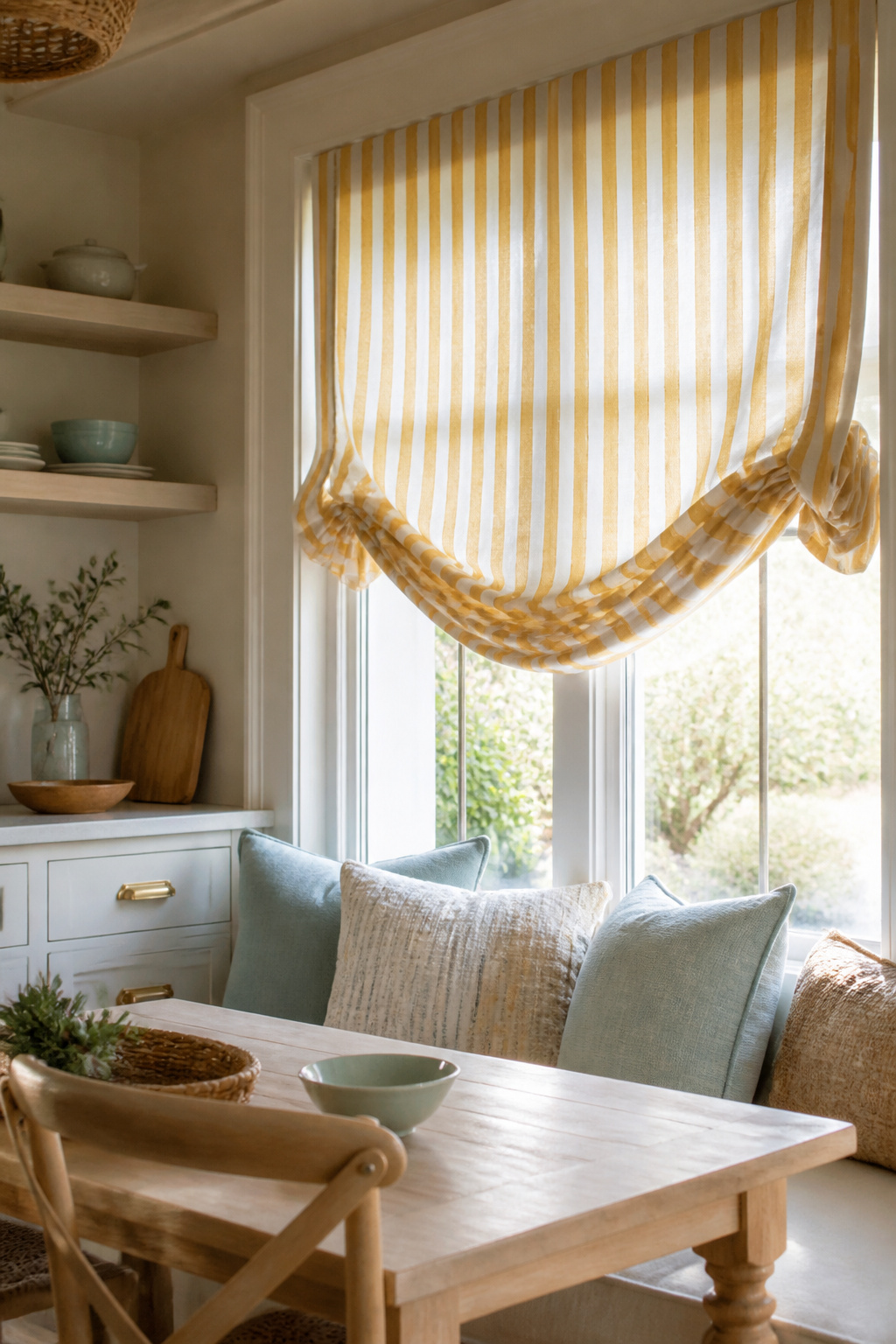 11 Striped Window Blind Styles, Ideas & Photos for 2026 7 Cozy kitchen nook with relaxed Roman shades in gold and ivory.