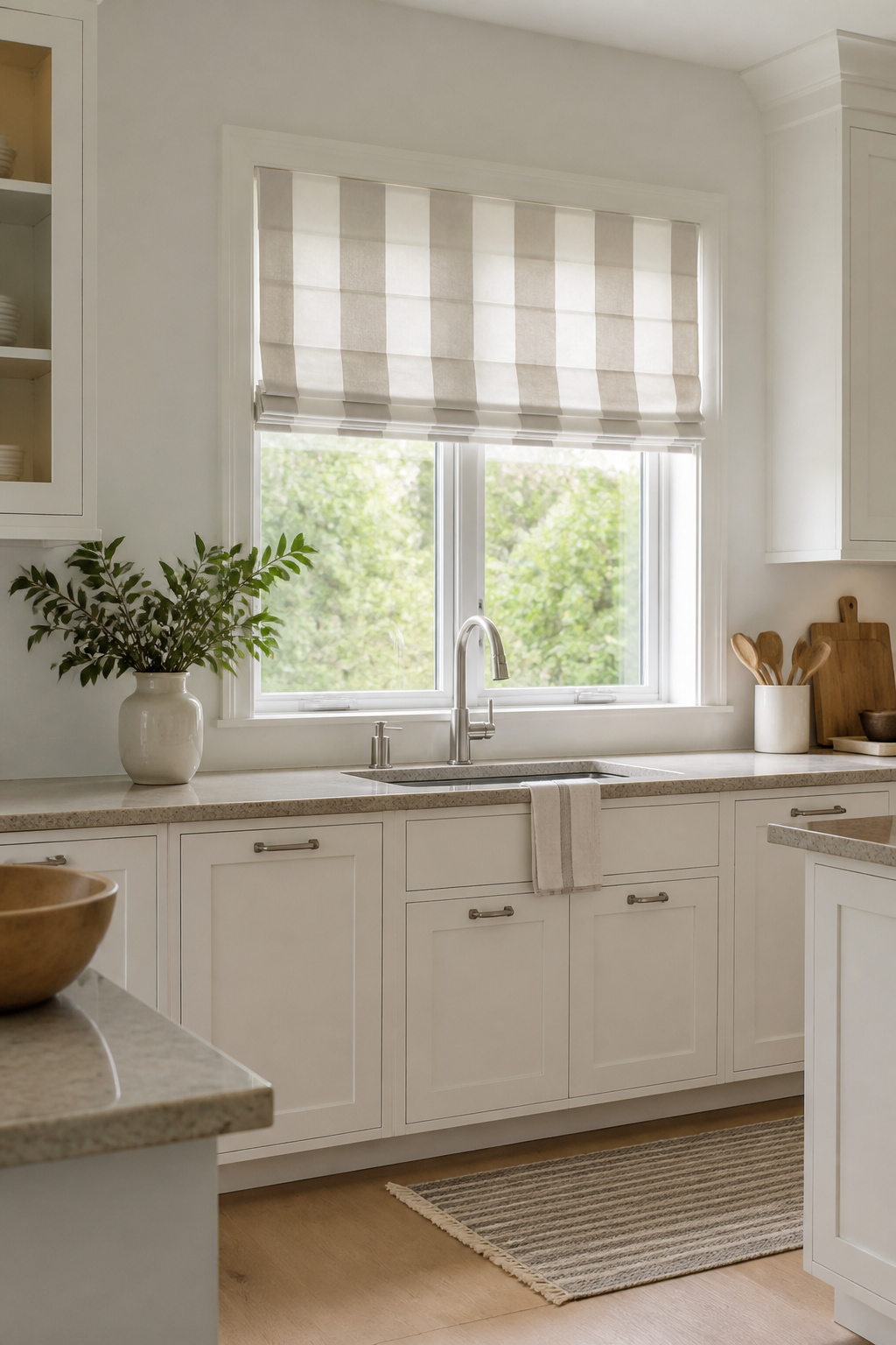 11 Striped Window Blind Styles, Ideas & Photos for 2026 8 Flat Roman shades featuring scroll stripes in a modern kitchen.