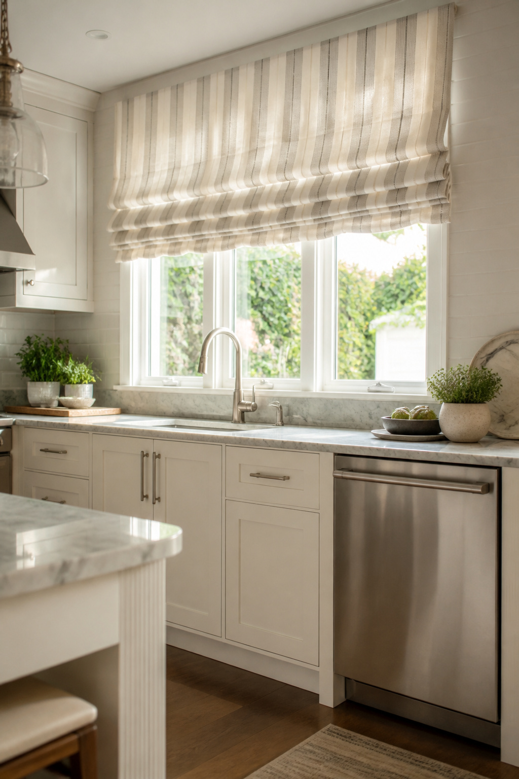 11 Striped Window Blind Styles, Ideas & Photos for 2026 9 Kitchen with hobbled Roman shades in white and stone scroll stripes.