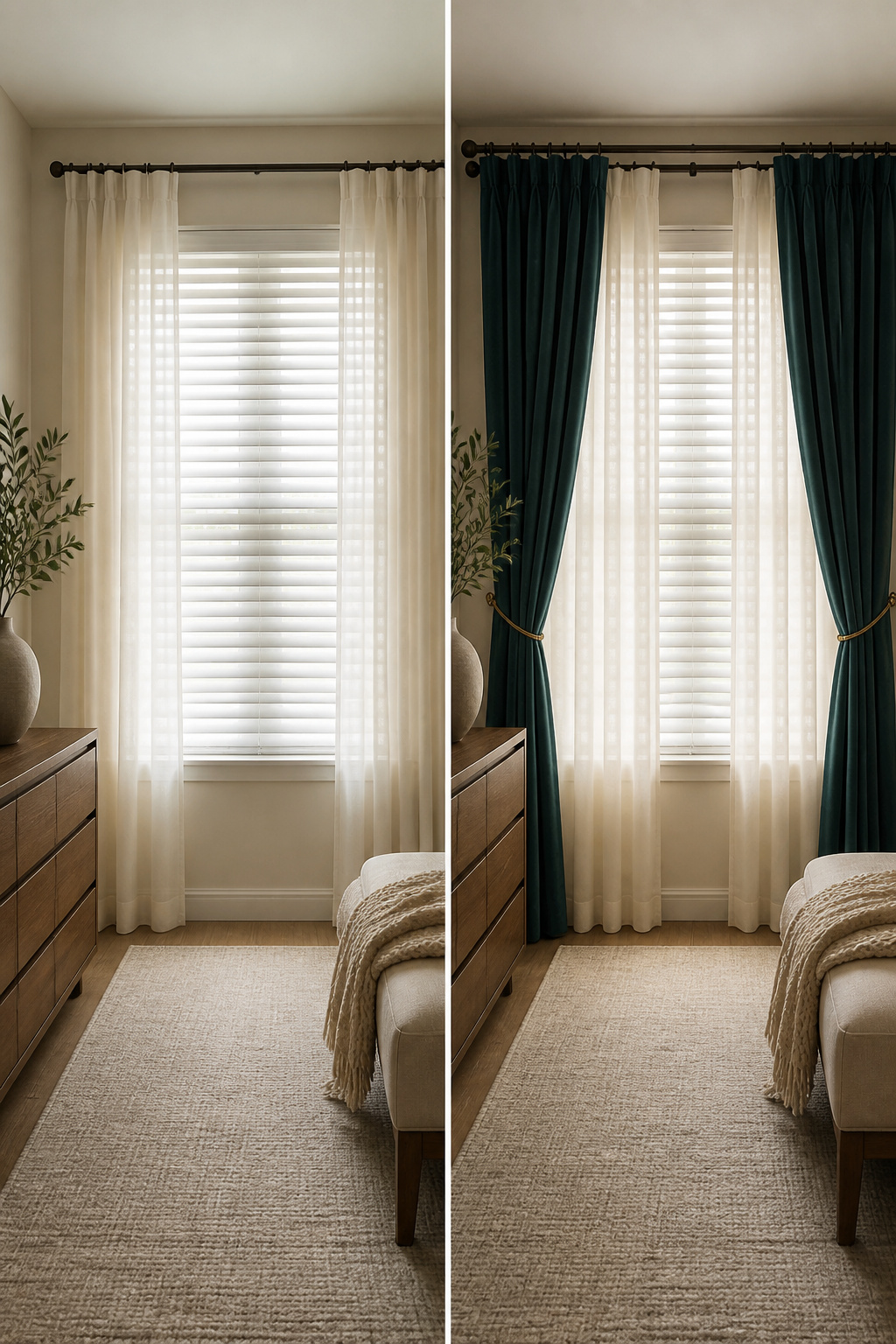 Drapes layered over blinds in a stylish window treatment.
