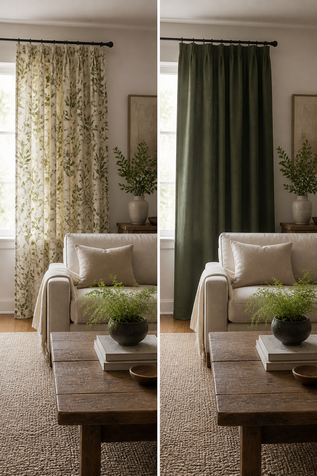Patterned curtains in a living room contrasting with solid furniture.