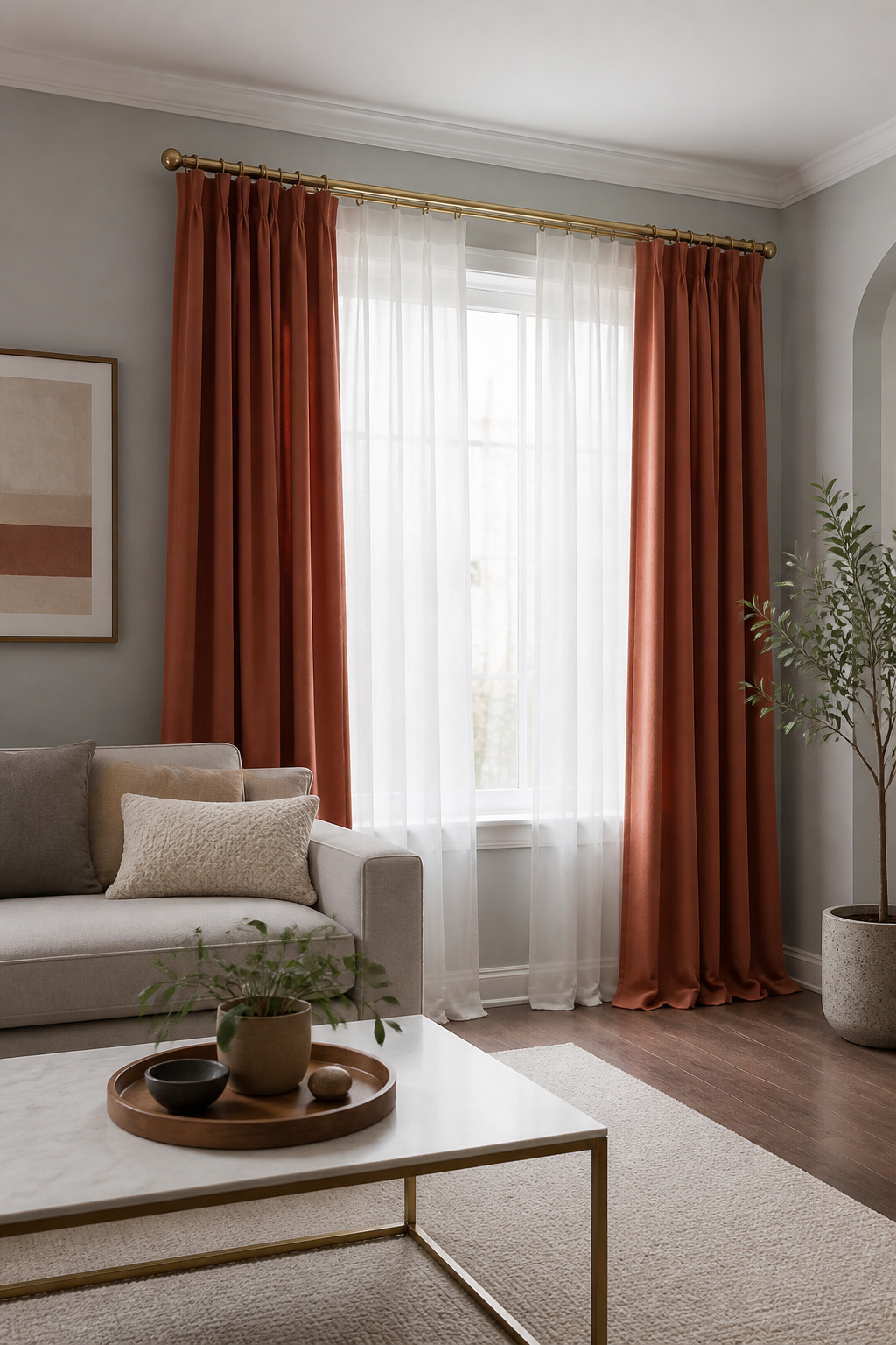 Modern curtain hardware supporting sheer and heavy drapes in a living room.