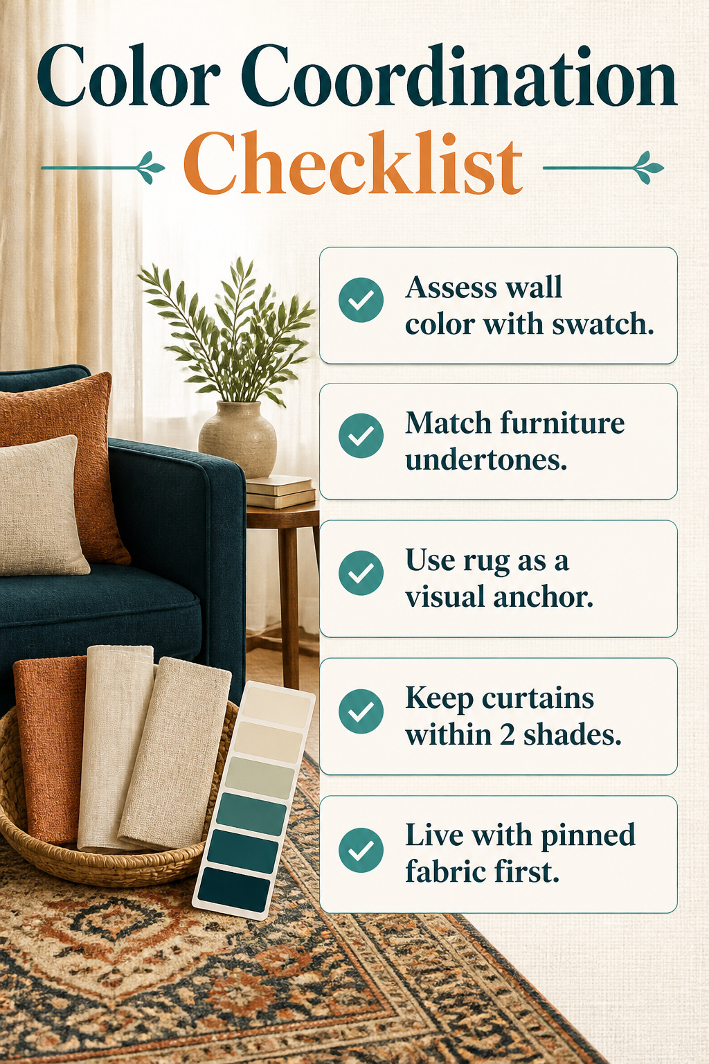 Checklist for color coordination between curtains and room elements.