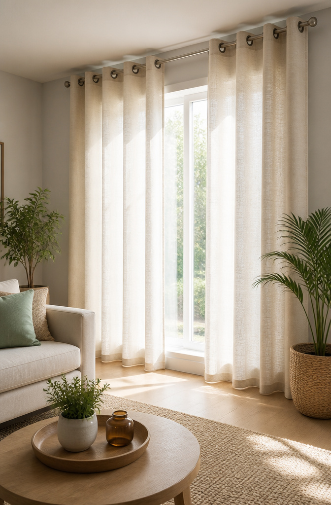 Grommet curtains in a modern living room with a metal rod.