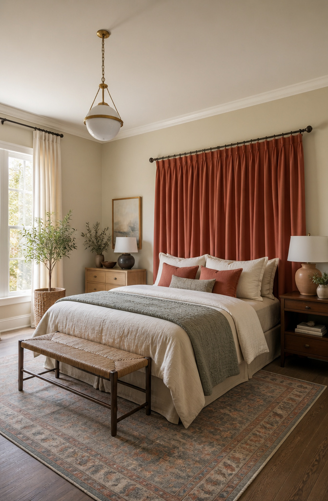 Curtains mounted behind a bed, creating a headboard effect.