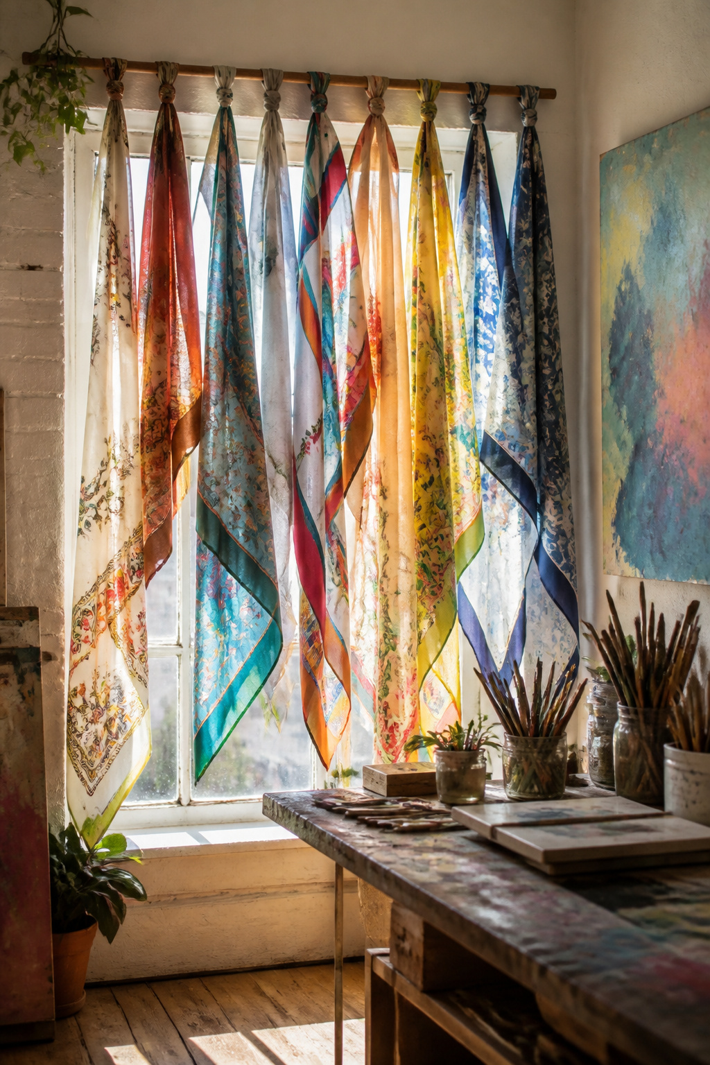 An array of vintage silk scarves tied to a wooden rod.