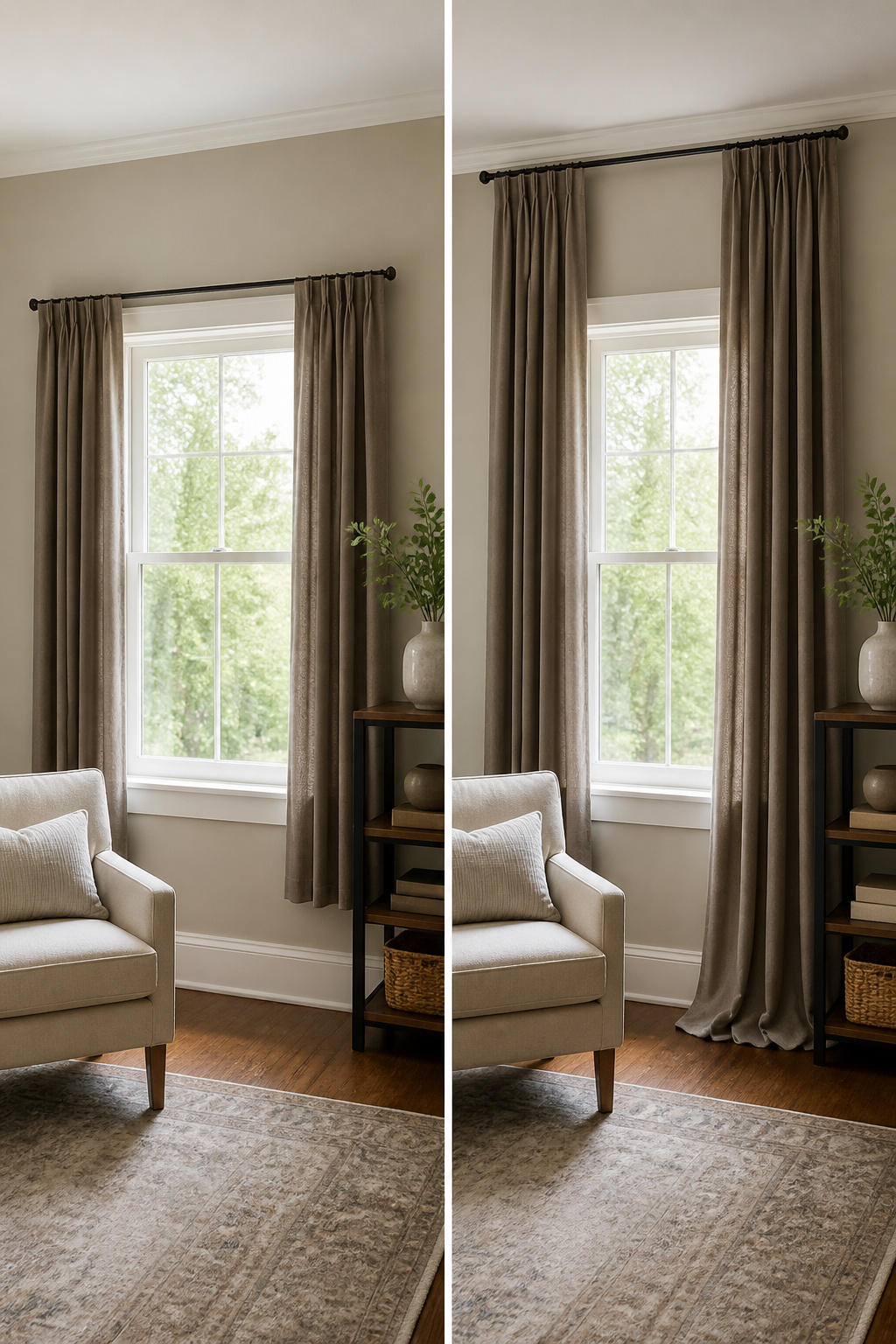 A curtain rod mounted above a window frame, showing proper height.