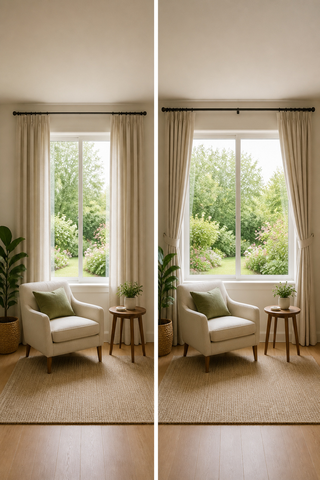 Curtain rod extending beyond the window frame for better light.
