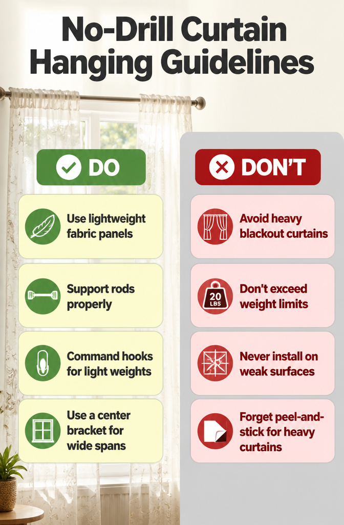 Guidelines for no-drill curtain hanging methods.