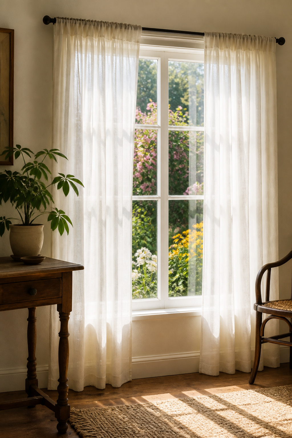 Sheer rod pocket curtains in a bright nook with a vintage table.