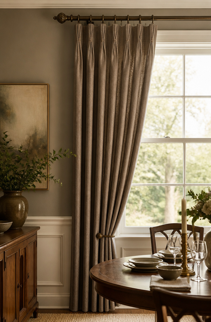 Pinch pleat curtains elegantly gathered at the top, revealing their structure.