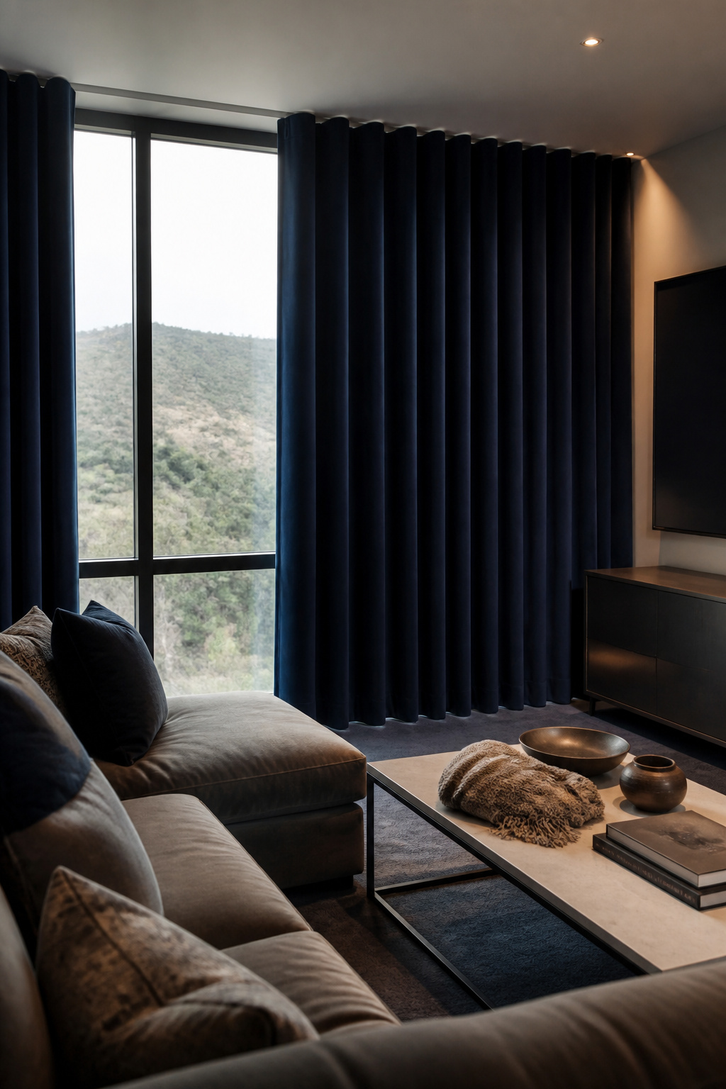 Ripple fold curtains in deep navy fabric, mounted on a ceiling track.