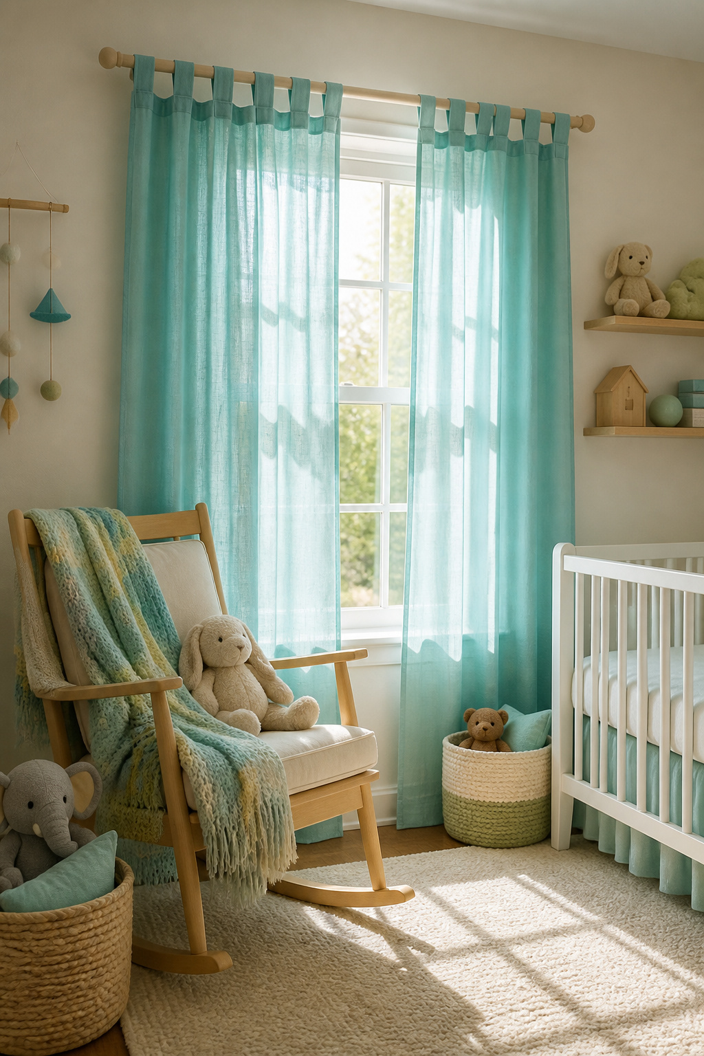 Tab top curtains with fabric loops hanging from a wooden rod.