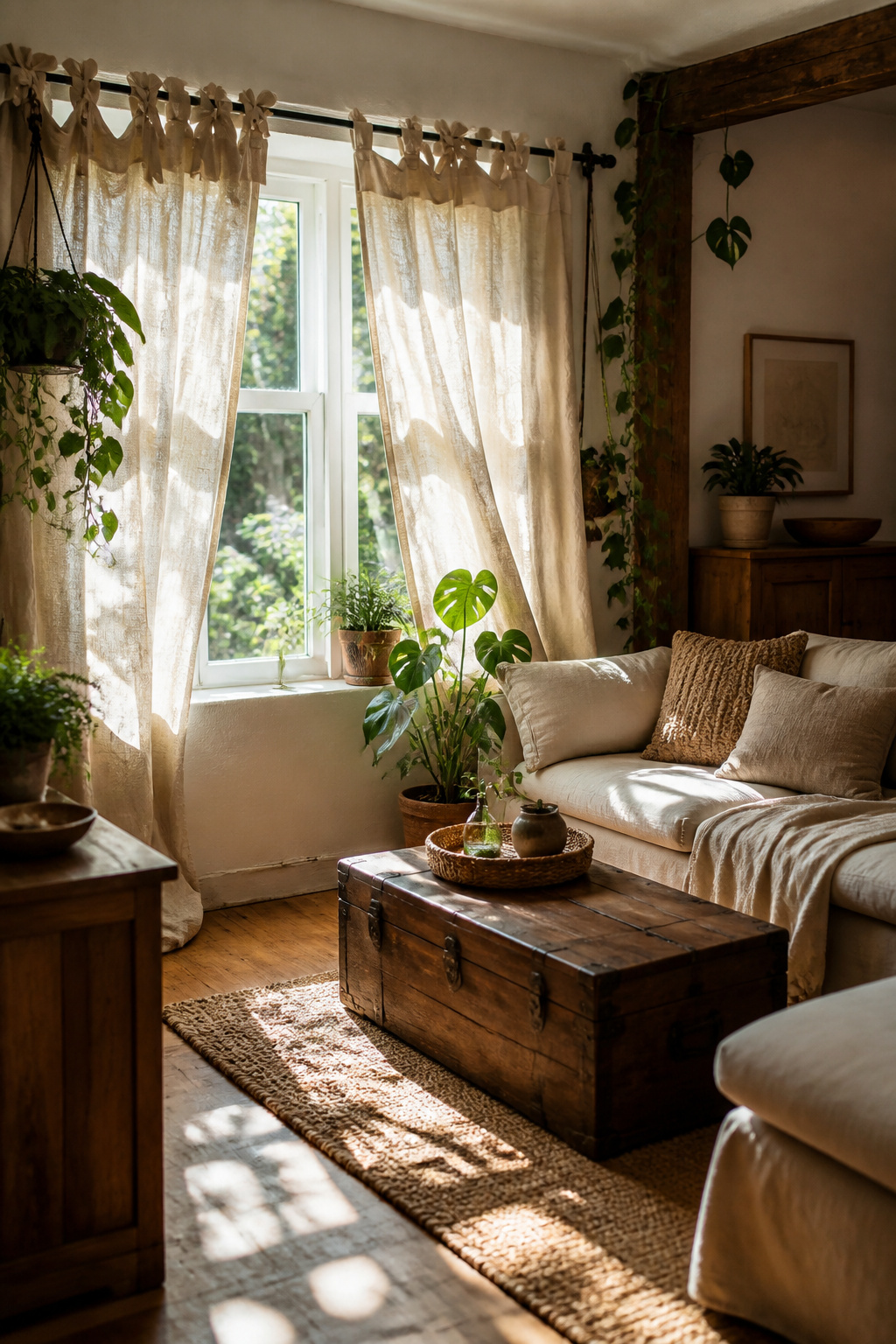 Tie top curtains in light linen with loose knots around a rod.