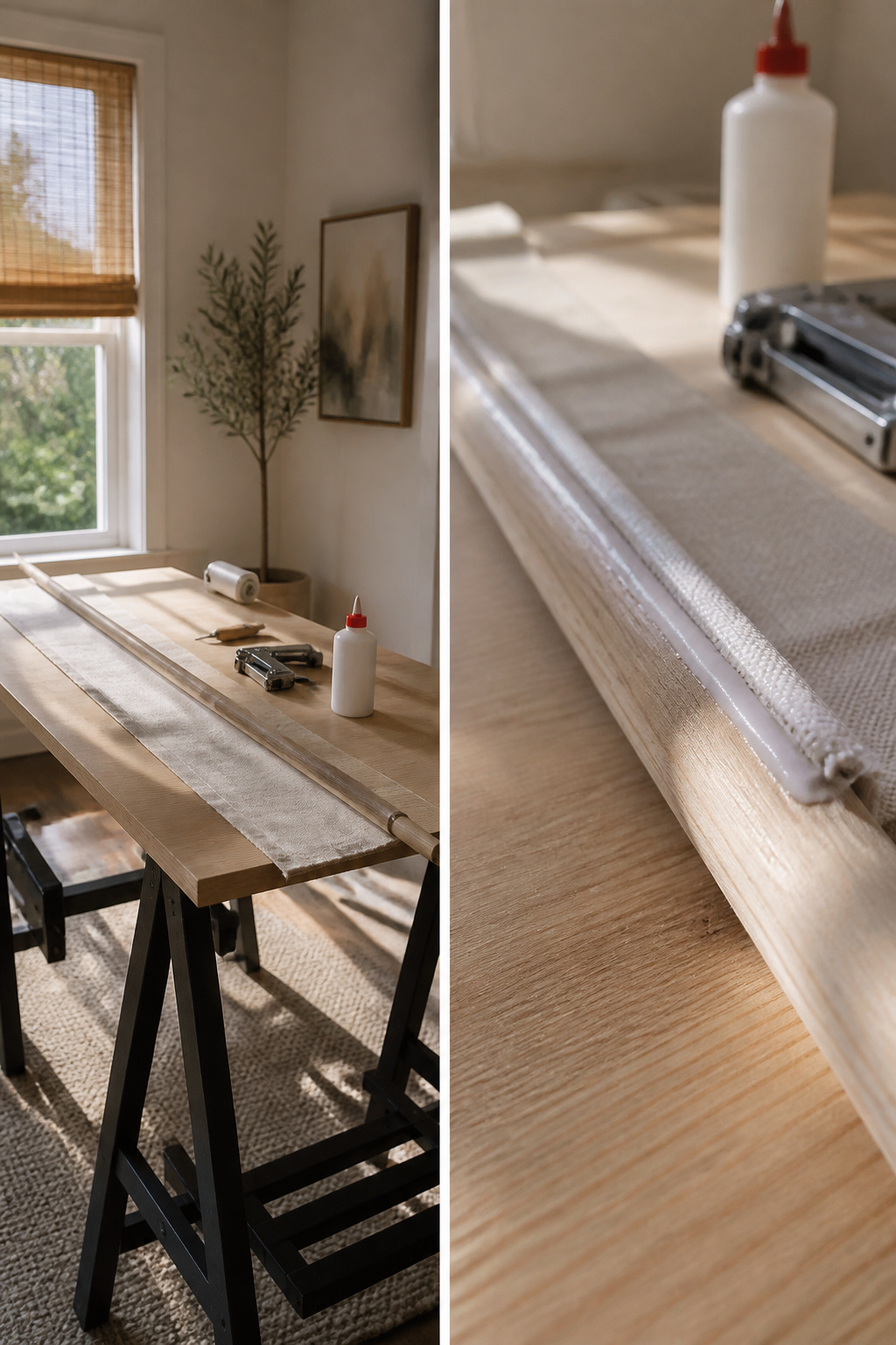 How to Make DIY Window Blinds: A 6-Step Guide for 2026 3 Fabric attached to a roller with glue and staples in a workshop.