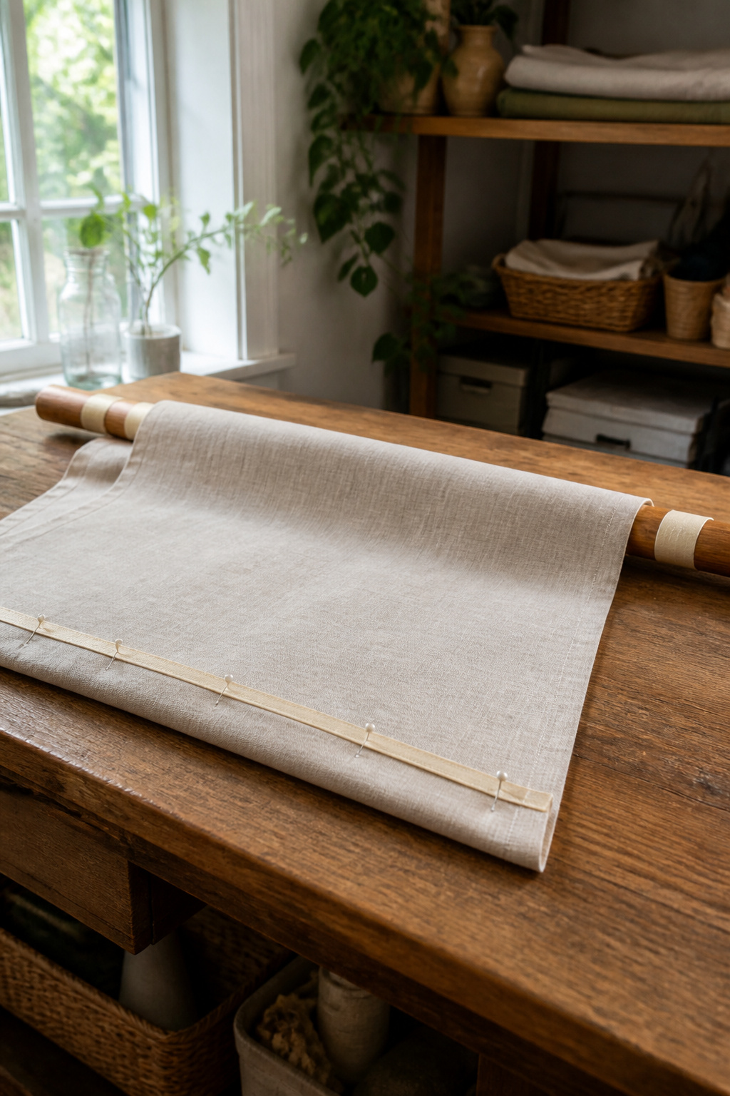 How to Make DIY Window Blinds: A 6-Step Guide for 2026 4 A fabric shade hanging from a wooden dowel in a rustic workshop.