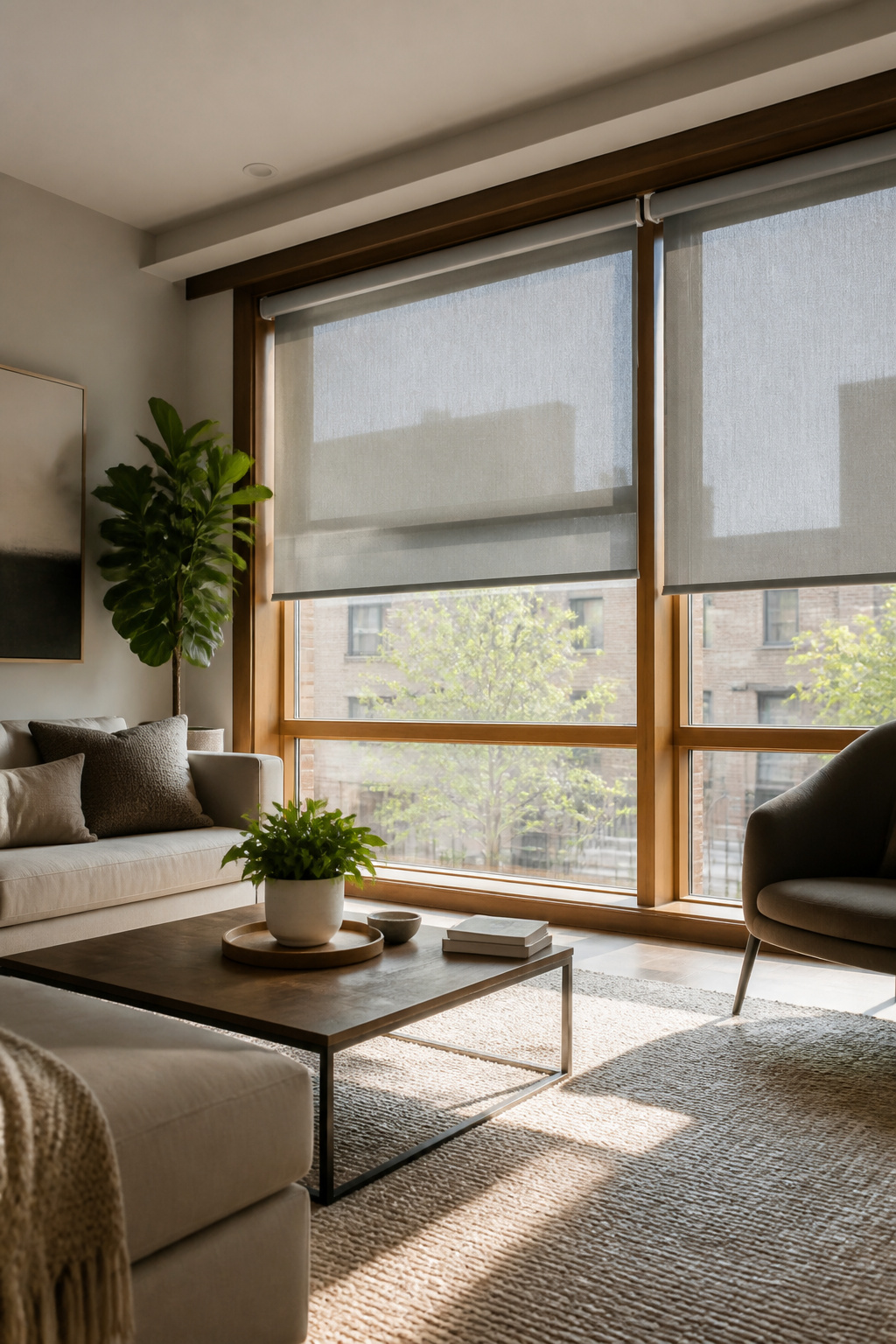 Motorized window shades in a modern living room with gray tones.