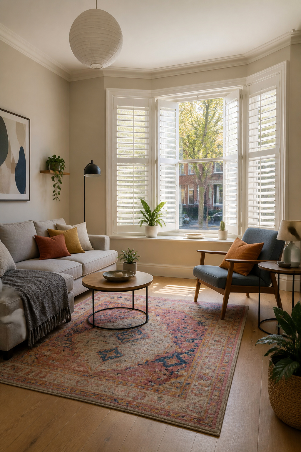 Faux-wood composite shutters installed in a bay window.